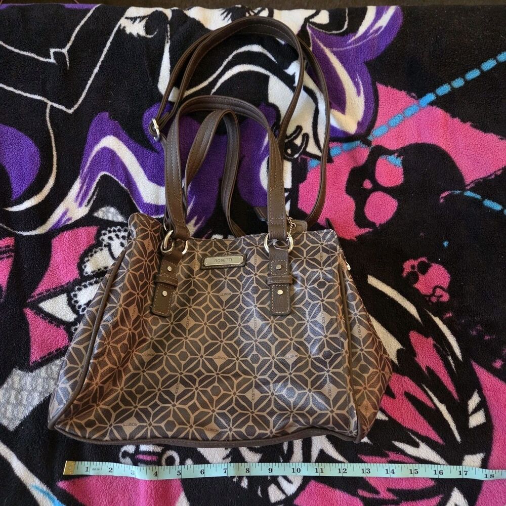 Rosetti Brown Geometric Print Tote Handbag Faux Leather Shoulder Purse Large